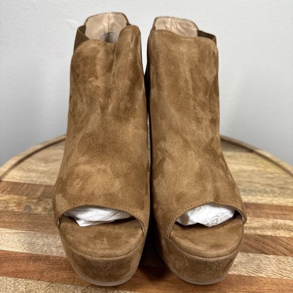 Dee Keller Suede‎ Open Toe Pull On Platform Wedges Caramel Size 38 Italy - Picture 1 of 16